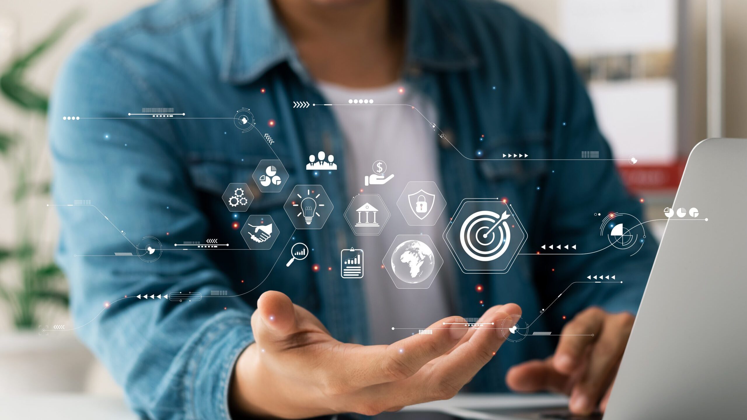Long term business development and management concepts, executives watching virtual screens. Icon Business Goals, Problem Solving, Workflow, High Quality Control and Innovation Development.
